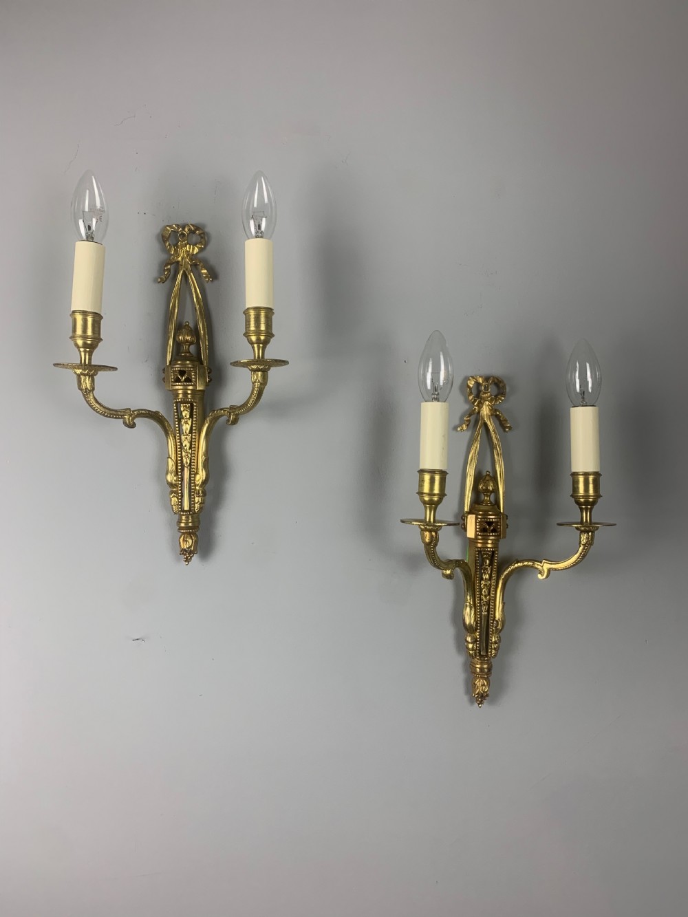Pair of English Ribbon Brass Wall Lights, Rewired 