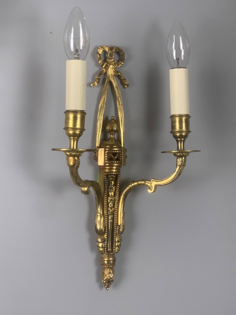 Pair of English Ribbon Brass Wall Lights, Rewired  View II