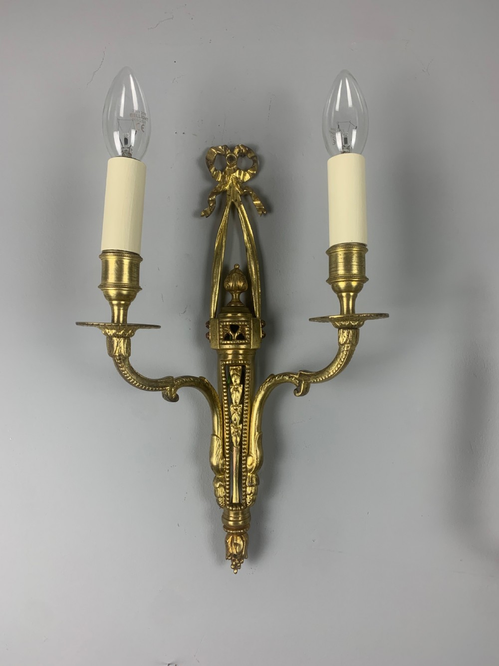 Pair of English Ribbon Brass Wall Lights, Rewired  View V