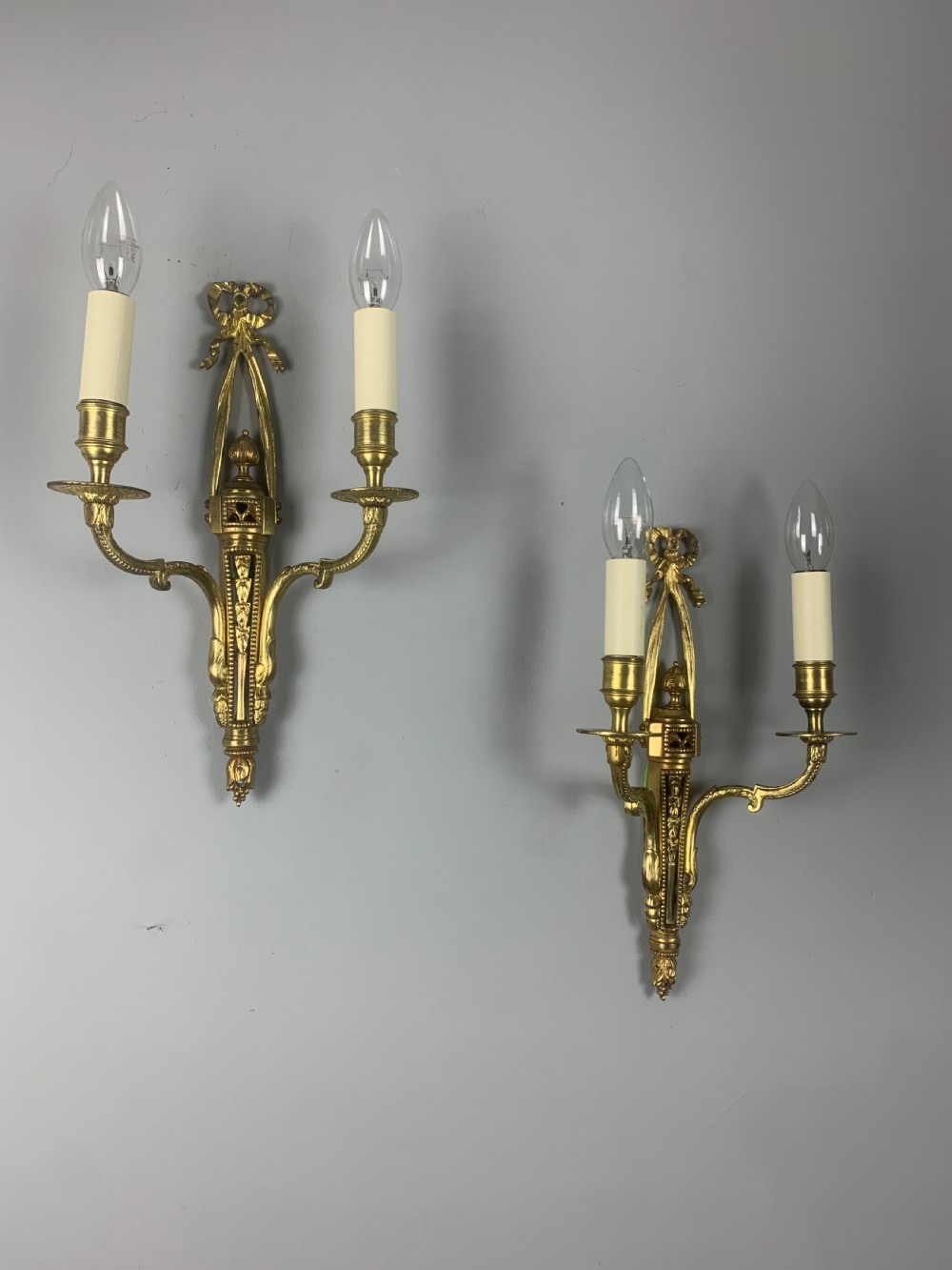 Pair of English Ribbon Brass Wall Lights, Rewired  View VI