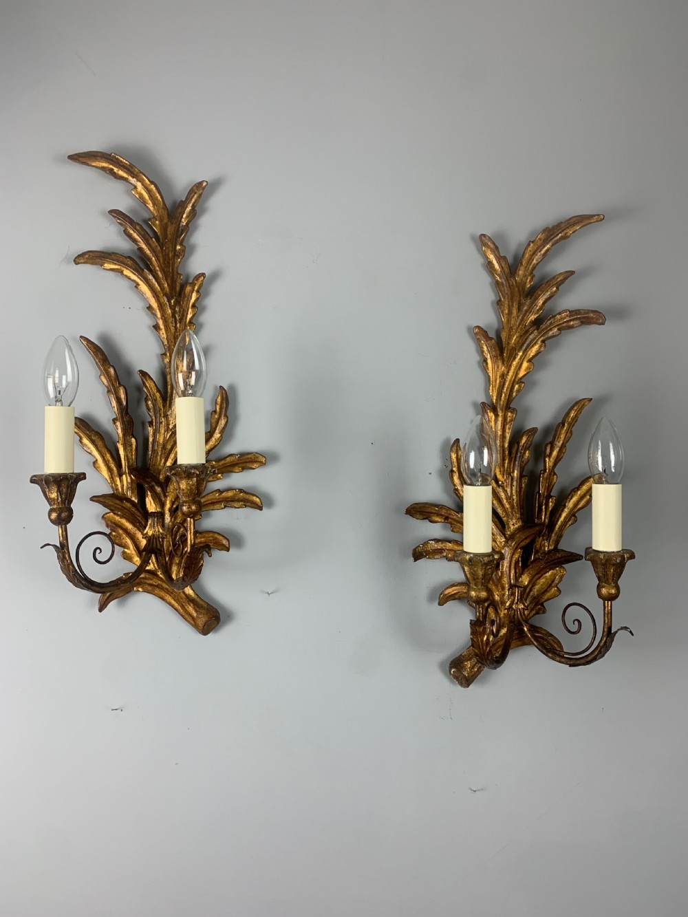 Florentine Italian Pair Of Giltwood Leaf Wall Lights, Rewired 