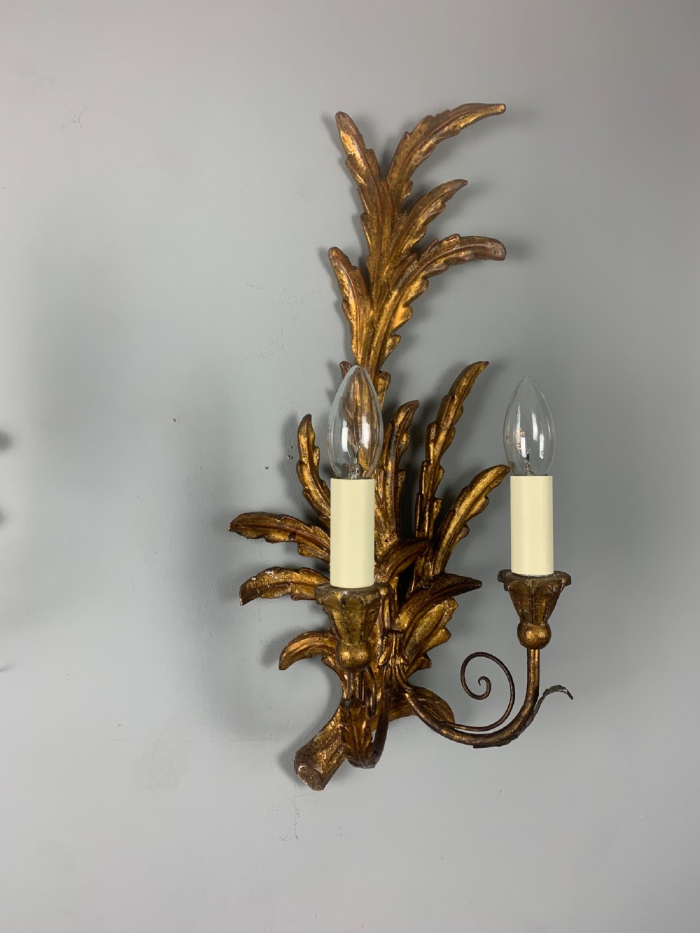 Florentine Italian Pair Of Giltwood Leaf Wall Lights, Rewired  View III