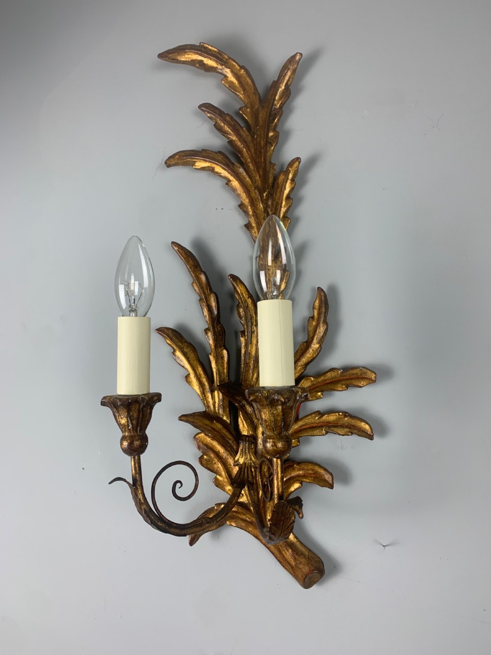 Florentine Italian Pair Of Giltwood Leaf Wall Lights, Rewired  View IV