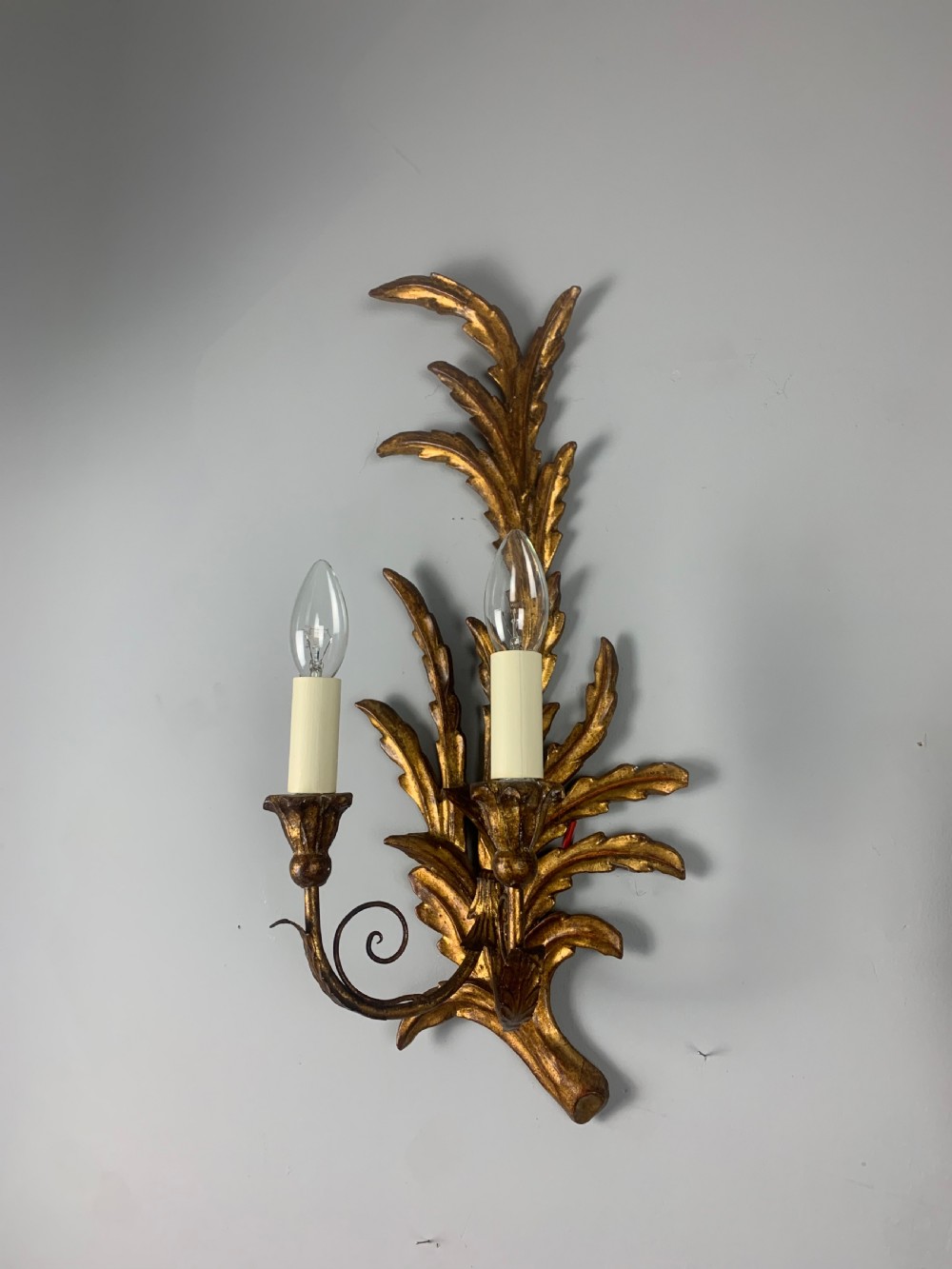 Florentine Italian Pair Of Giltwood Leaf Wall Lights, Rewired  View VIII