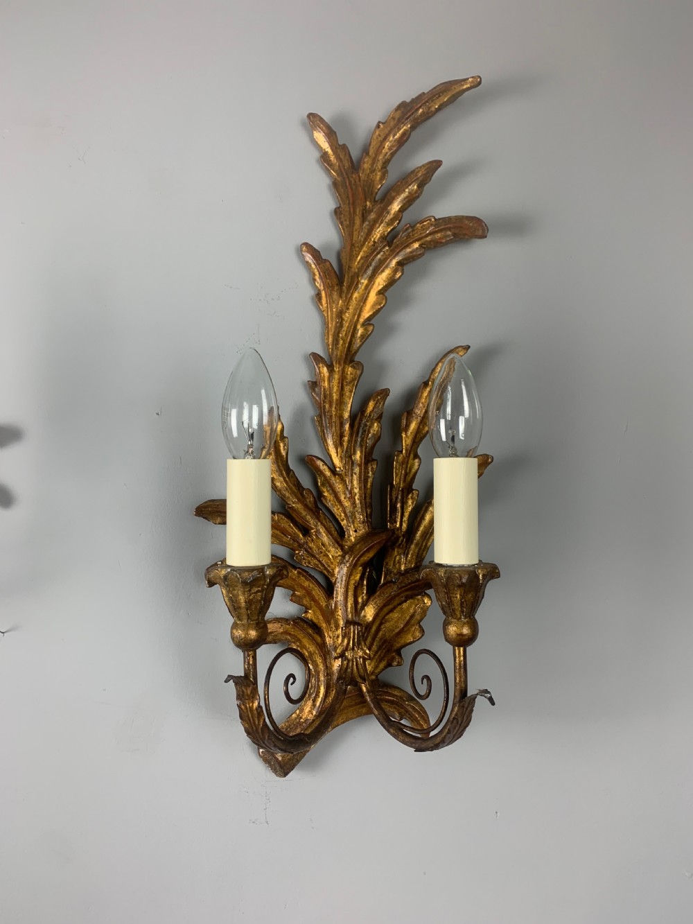 Florentine Italian Pair Of Giltwood Leaf Wall Lights, Rewired  View IX