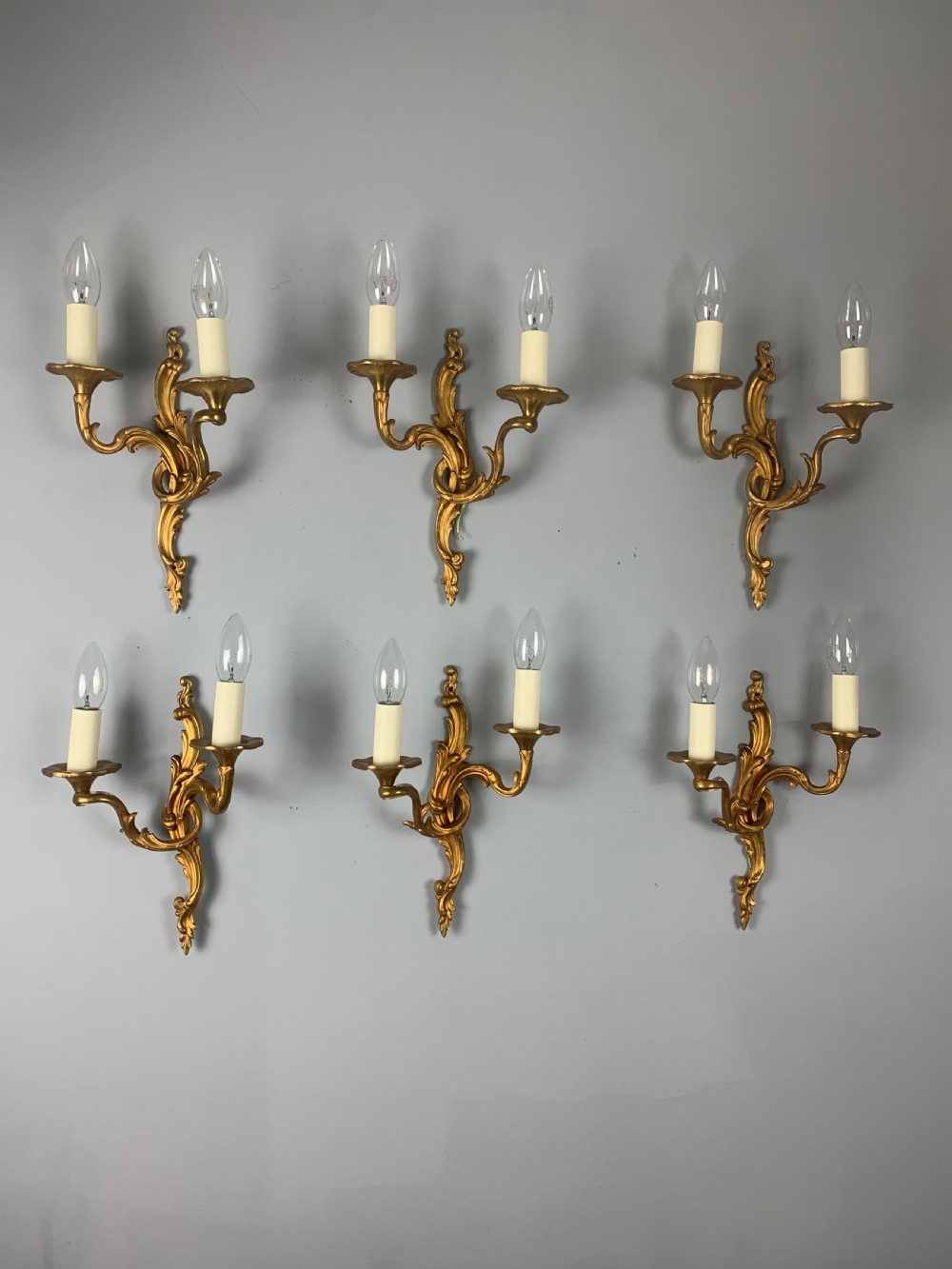 Set of 6 Gilt Bronze French Wall Lights, Rewired 