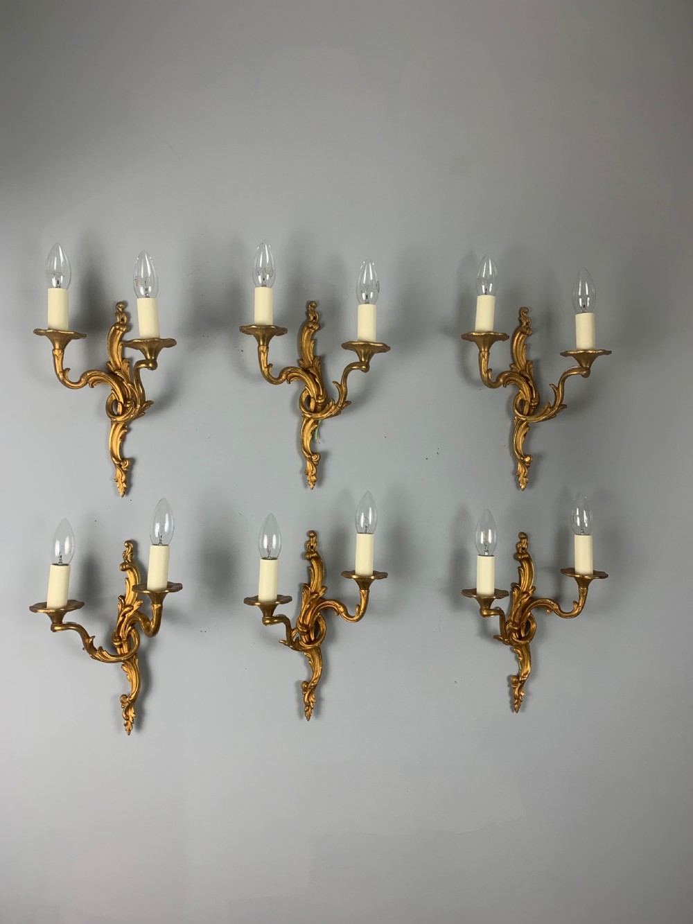 Set of 6 Gilt Bronze French Wall Lights, Rewired  View II