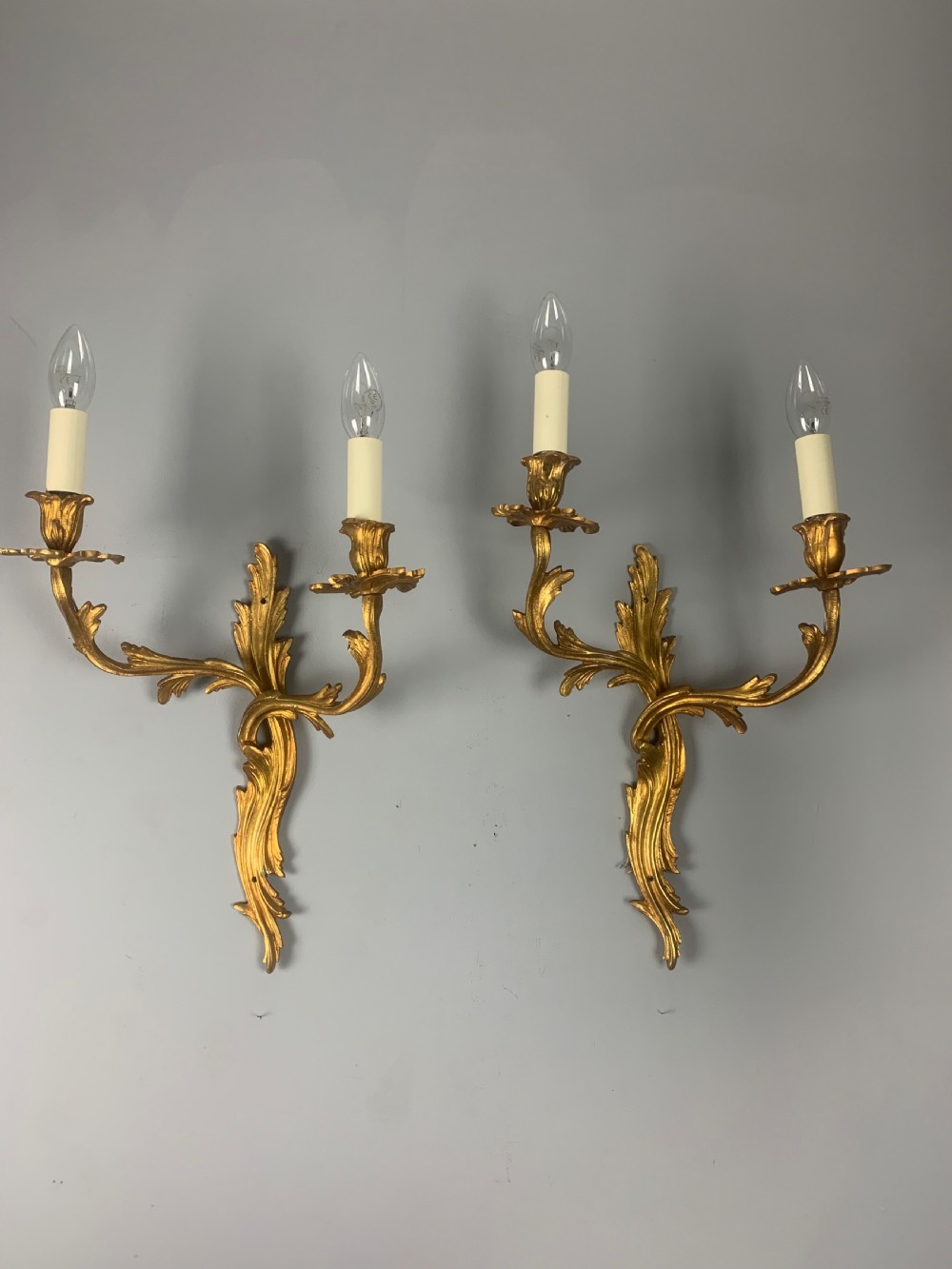 Large Pair of French Rococo Gilt Bronze Wall Lights, Rewired 
