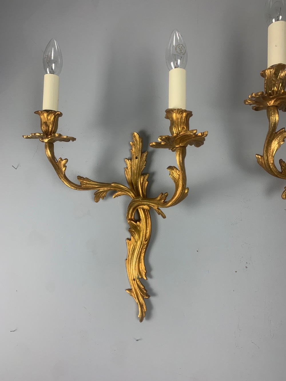 Large Pair of French Rococo Gilt Bronze Wall Lights, Rewired  View II