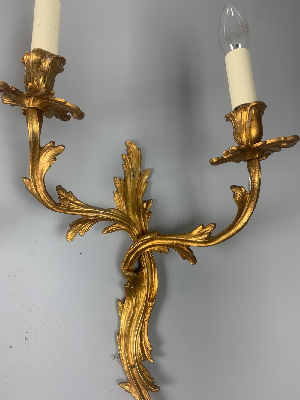 Large Pair of French Rococo Gilt Bronze Wall Lights, Rewired  View V