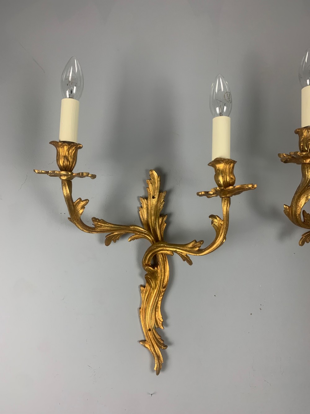 Large Pair of French Rococo Gilt Bronze Wall Lights, Rewired  View VI