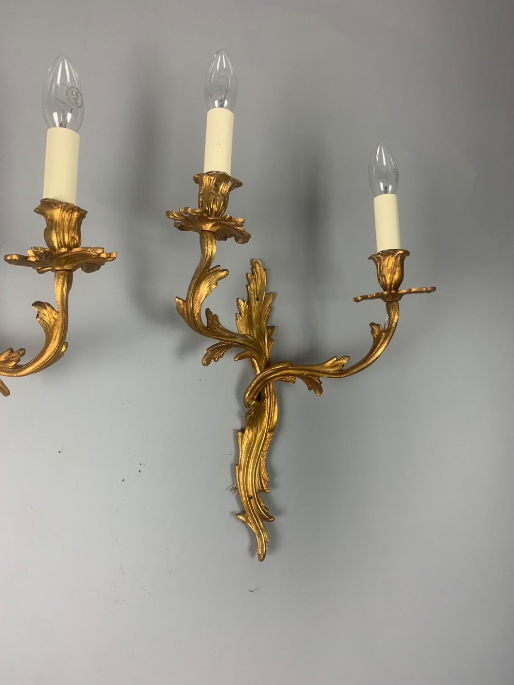 Large Pair of French Rococo Gilt Bronze Wall Lights, Rewired  View VII