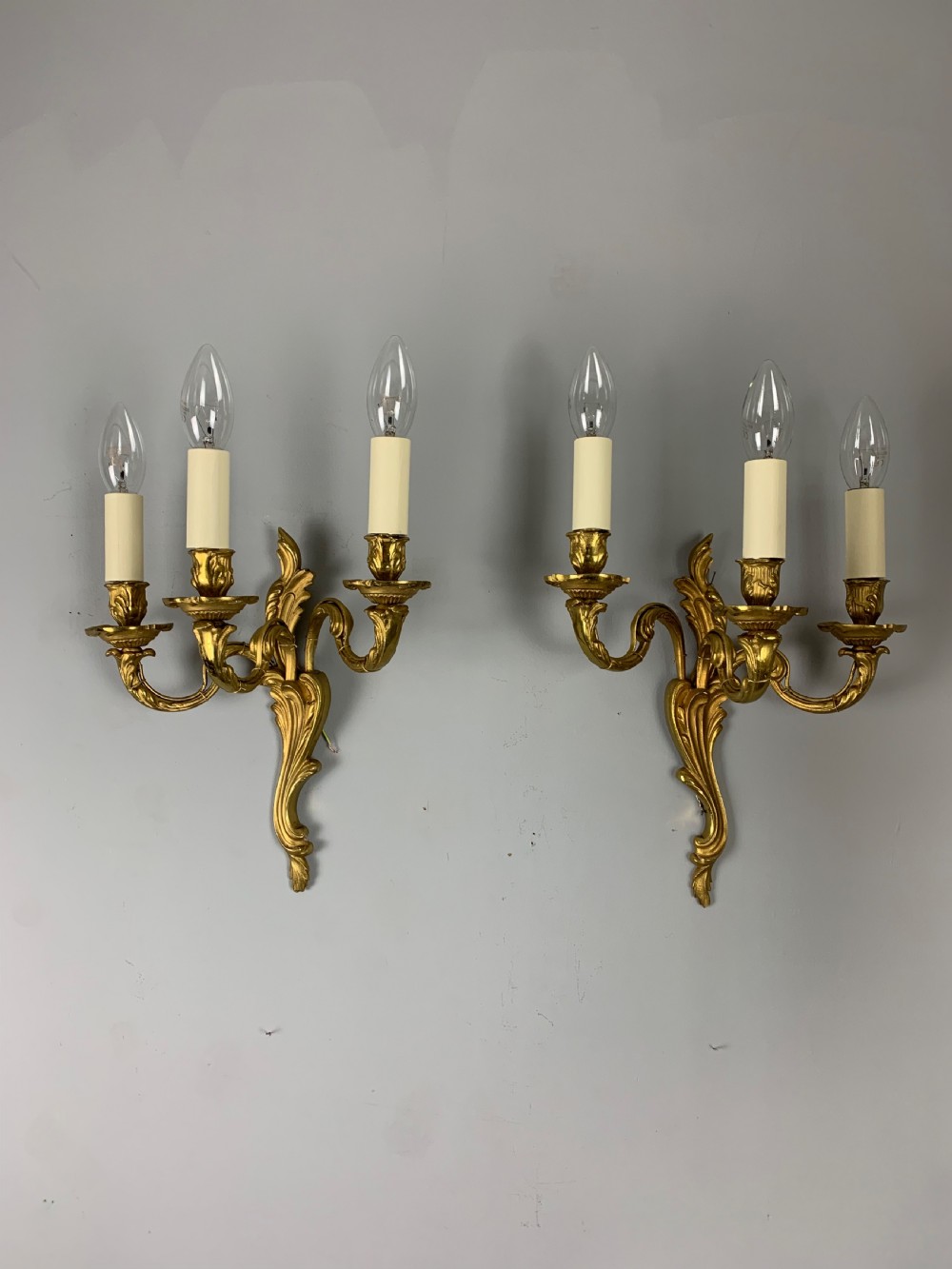 French Pair of Triple Arm Gilt Brass Wall Lights, Rewired 