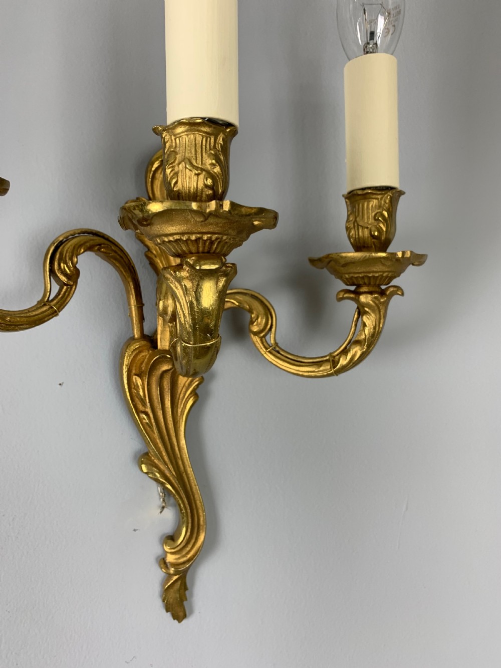 French Pair of Triple Arm Gilt Brass Wall Lights, Rewired  View II