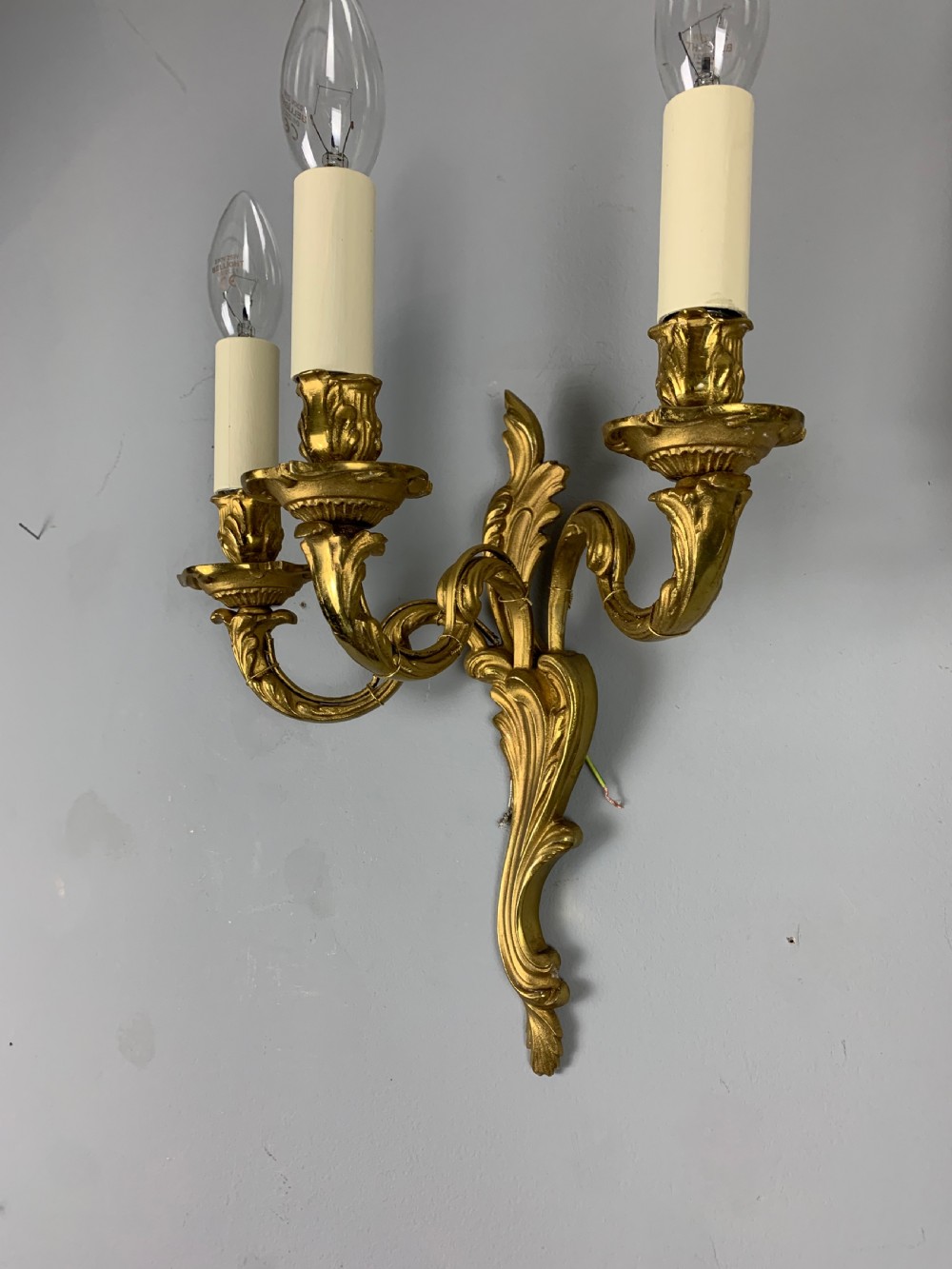 French Pair of Triple Arm Gilt Brass Wall Lights, Rewired  View III