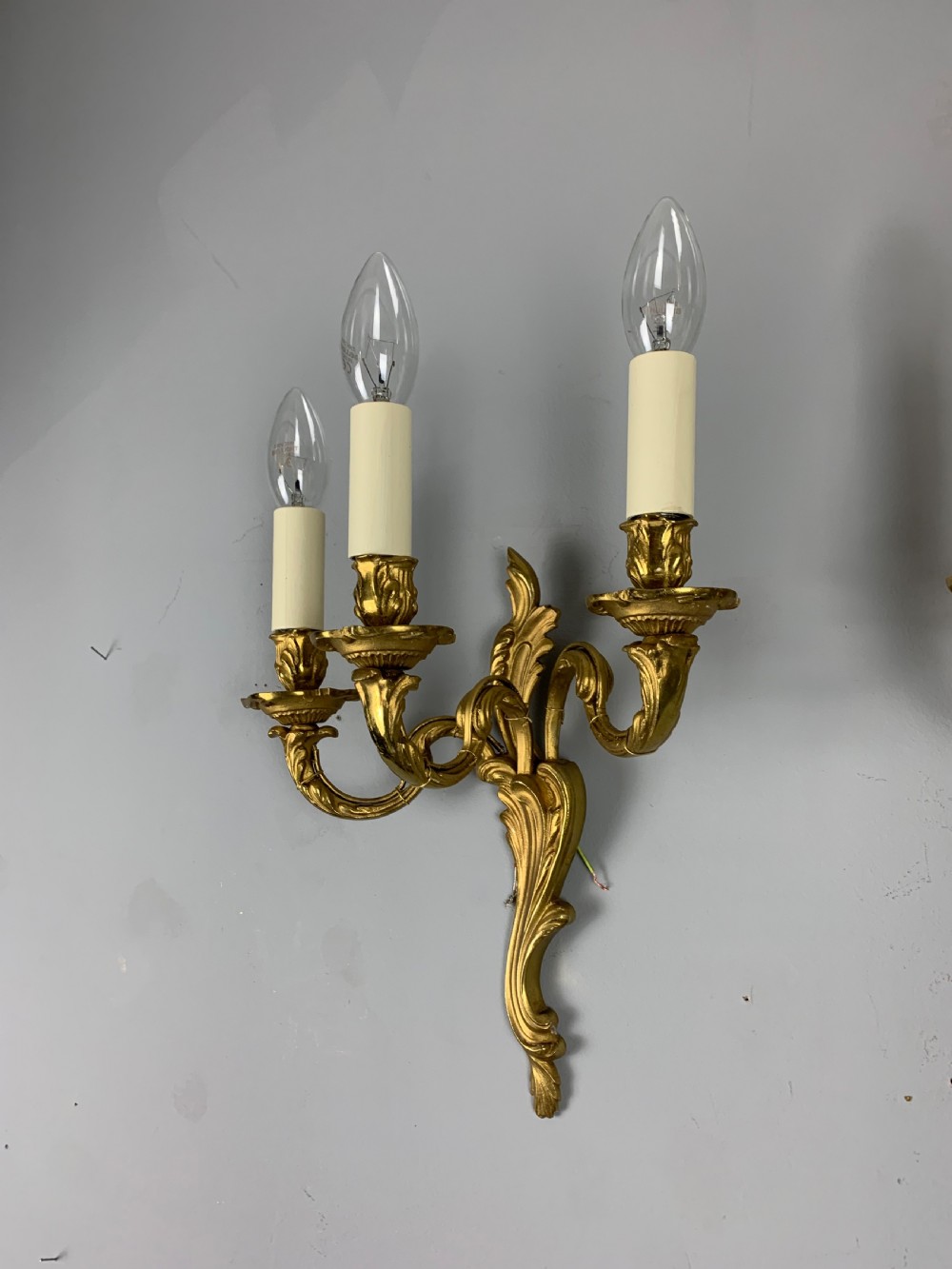 French Pair of Triple Arm Gilt Brass Wall Lights, Rewired  View IV