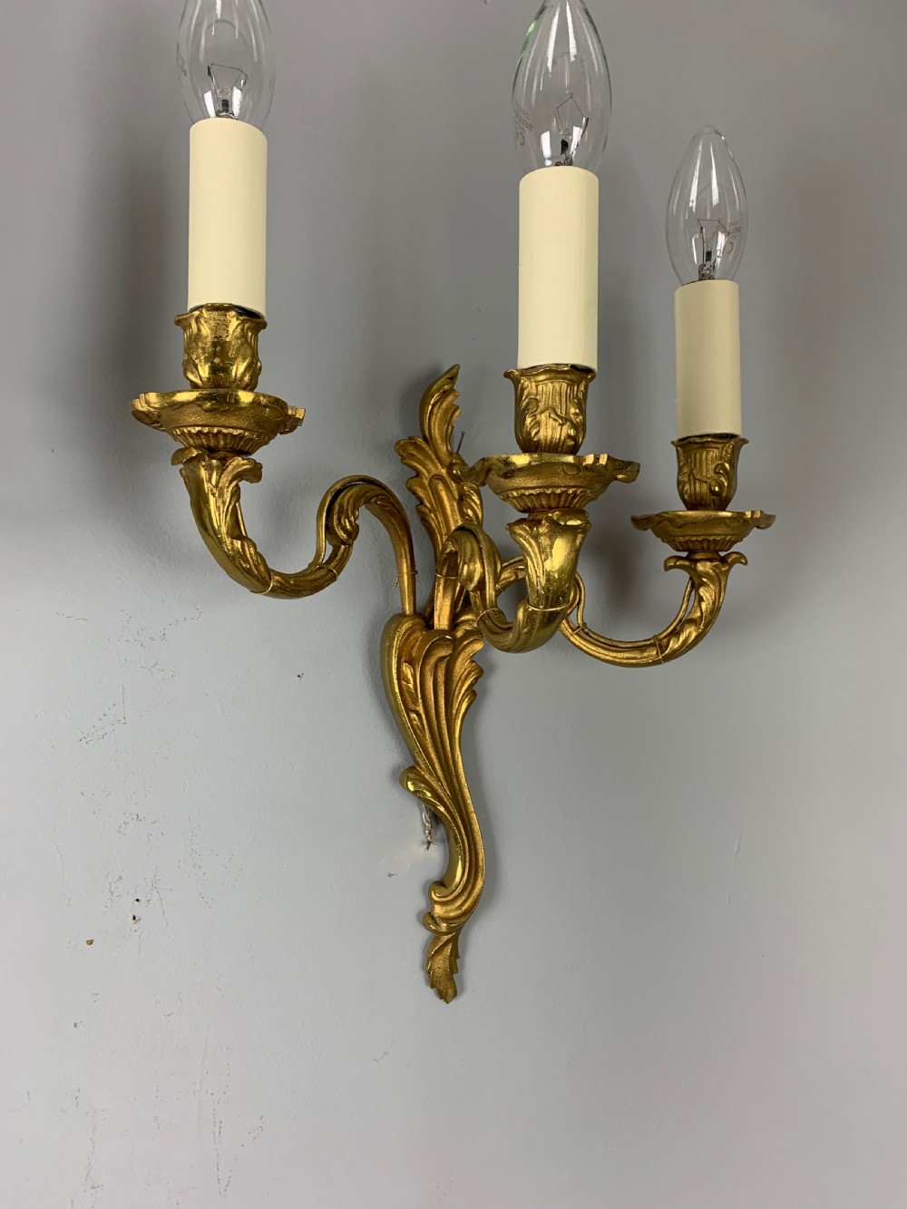 French Pair of Triple Arm Gilt Brass Wall Lights, Rewired  View V