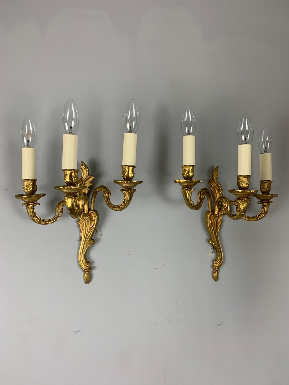 French Pair of Triple Arm Gilt Brass Wall Lights, Rewired  View VI