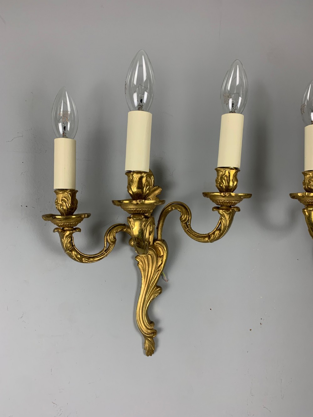 French Pair of Triple Arm Gilt Brass Wall Lights, Rewired  View VII