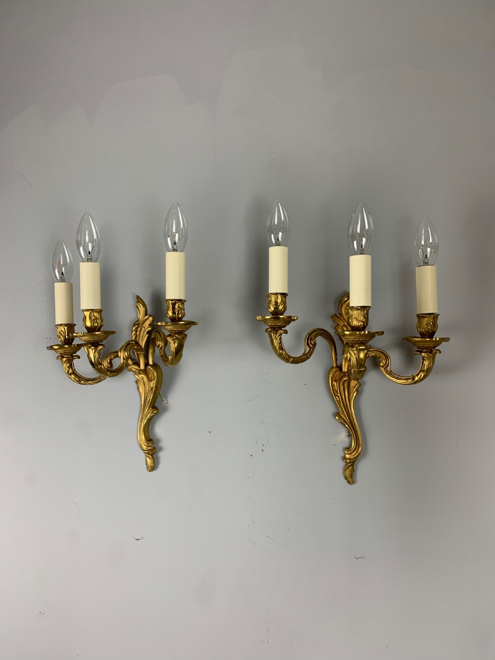 French Pair of Triple Arm Gilt Brass Wall Lights, Rewired  View VIII
