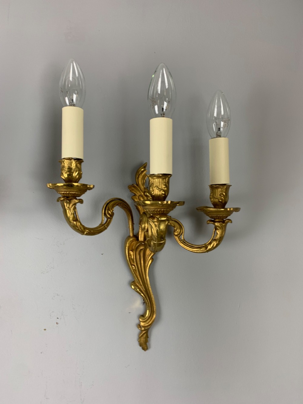 French Pair of Triple Arm Gilt Brass Wall Lights, Rewired  View IX