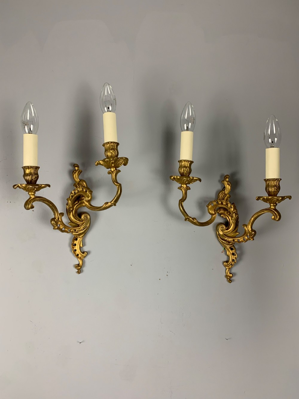 Pair of French Gilt Brass Rococo Wall Lights, Rewired 