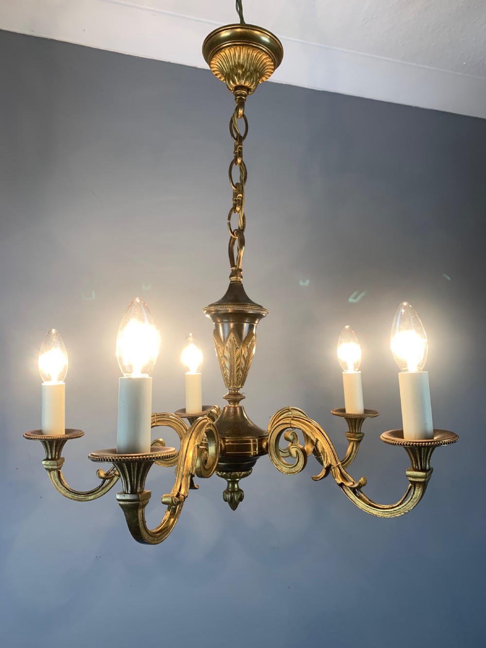 French Gilded Brass 5 Light Antique Chandelier View VI
