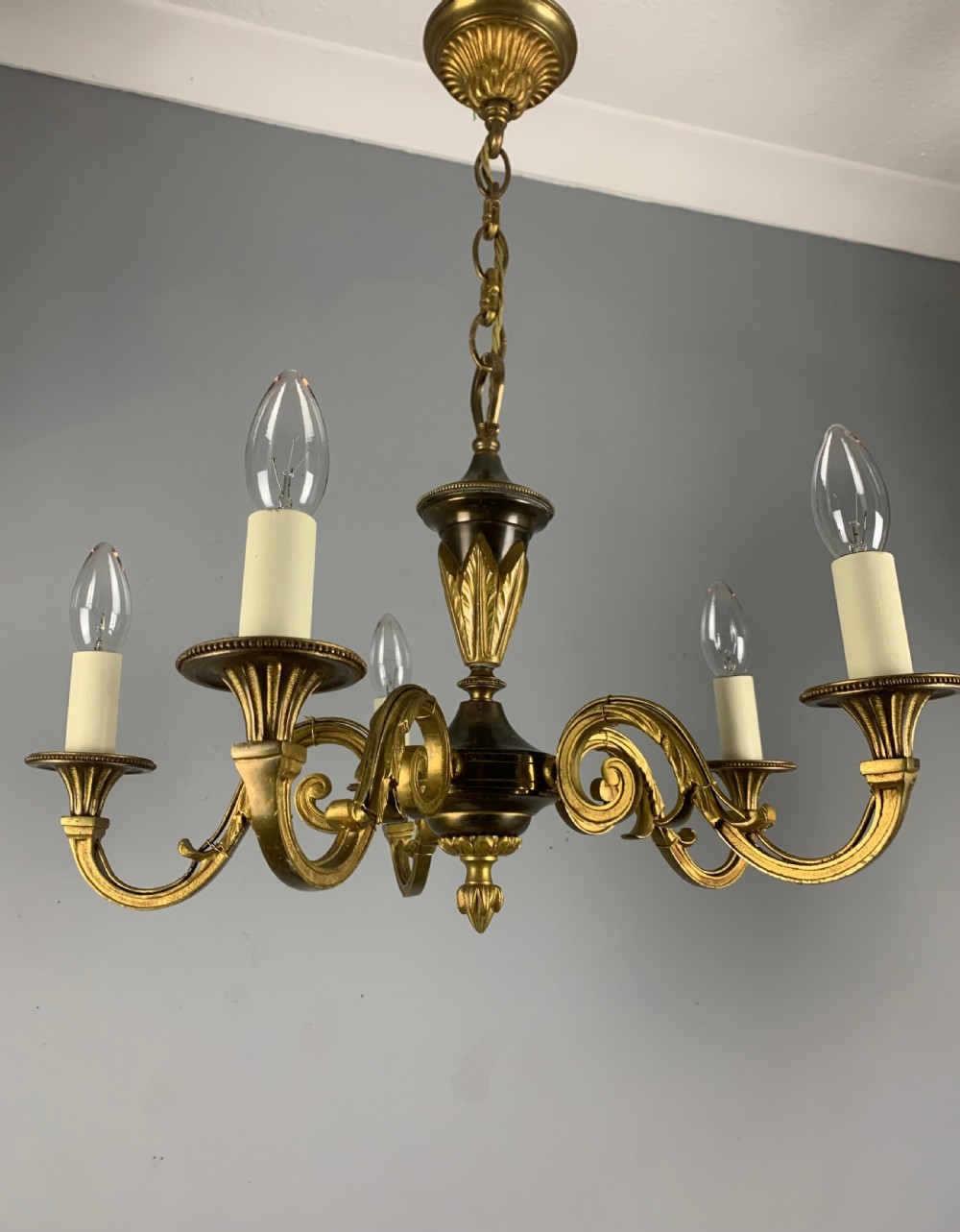 French Gilded Brass 5 Light Antique Chandelier View X