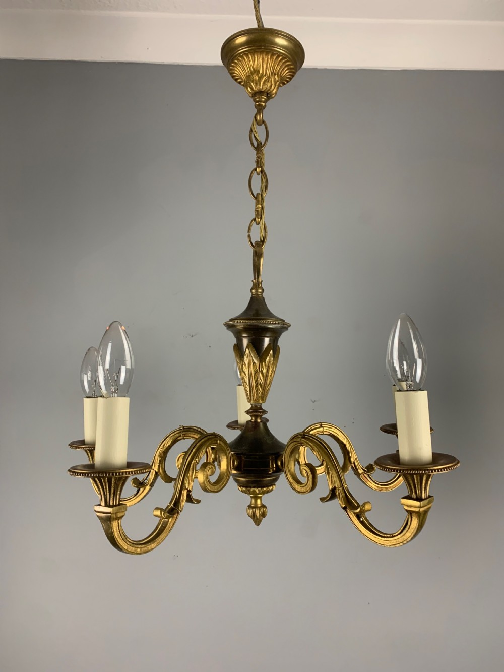 French Gilded Brass 5 Light Antique Chandelier View XIII