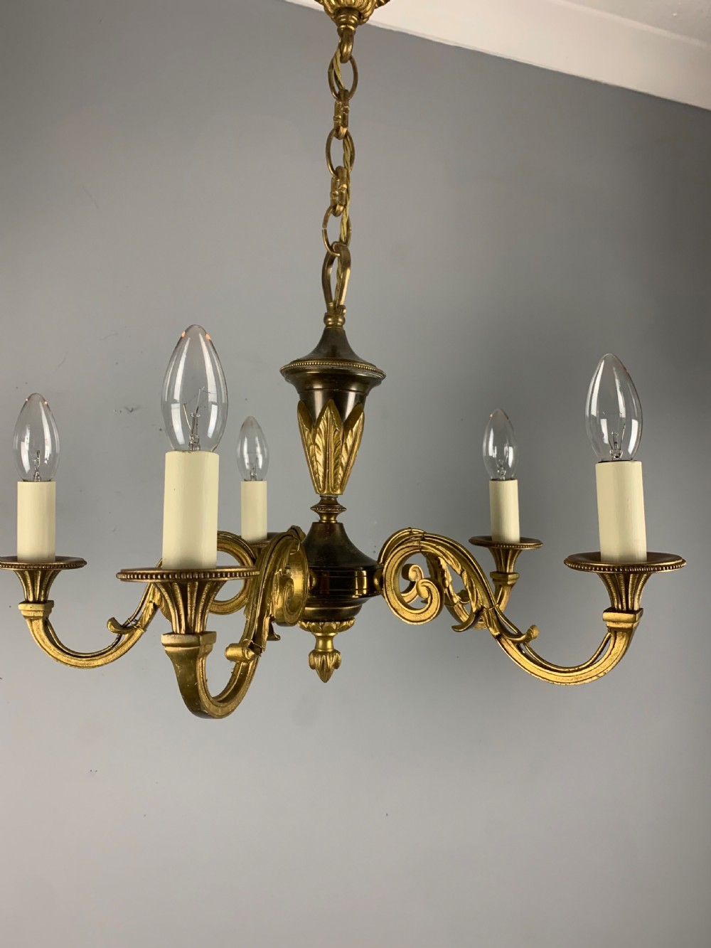 French Gilded Brass 5 Light Antique Chandelier View XIV