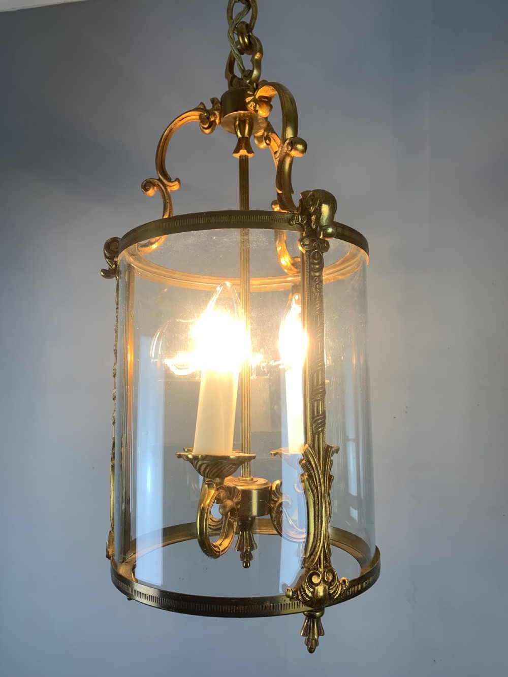 French Gilded Triple Light Convex Antique Hall Lantern View II