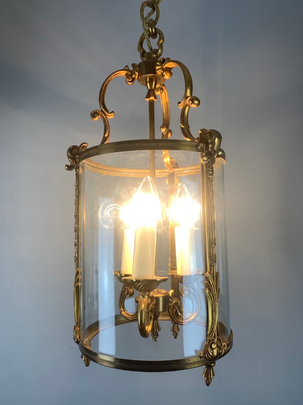 French Gilded Triple Light Convex Antique Hall Lantern View III