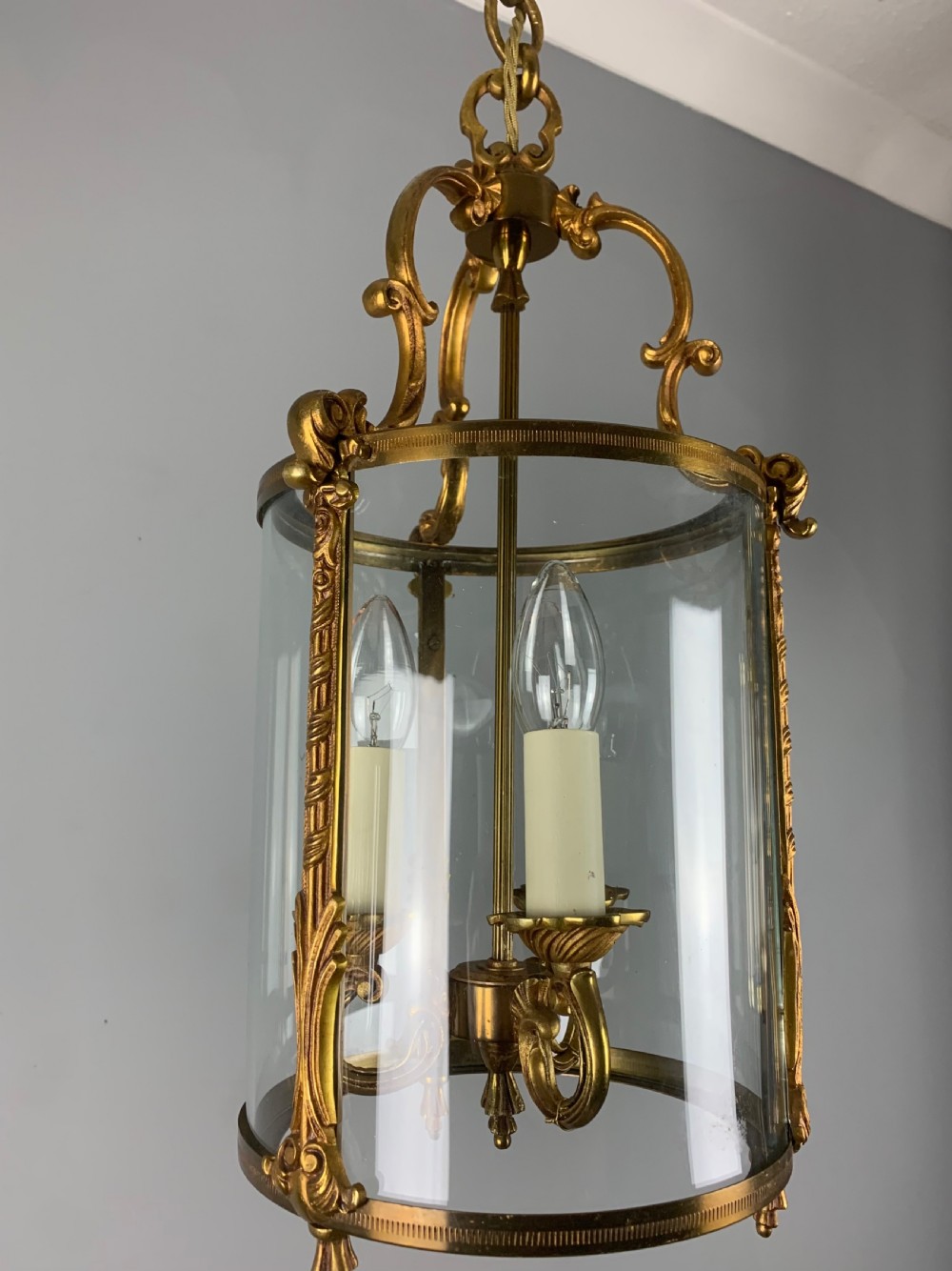 French Gilded Triple Light Convex Antique Hall Lantern View V