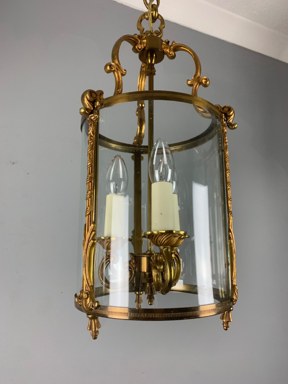French Gilded Triple Light Convex Antique Hall Lantern View VII