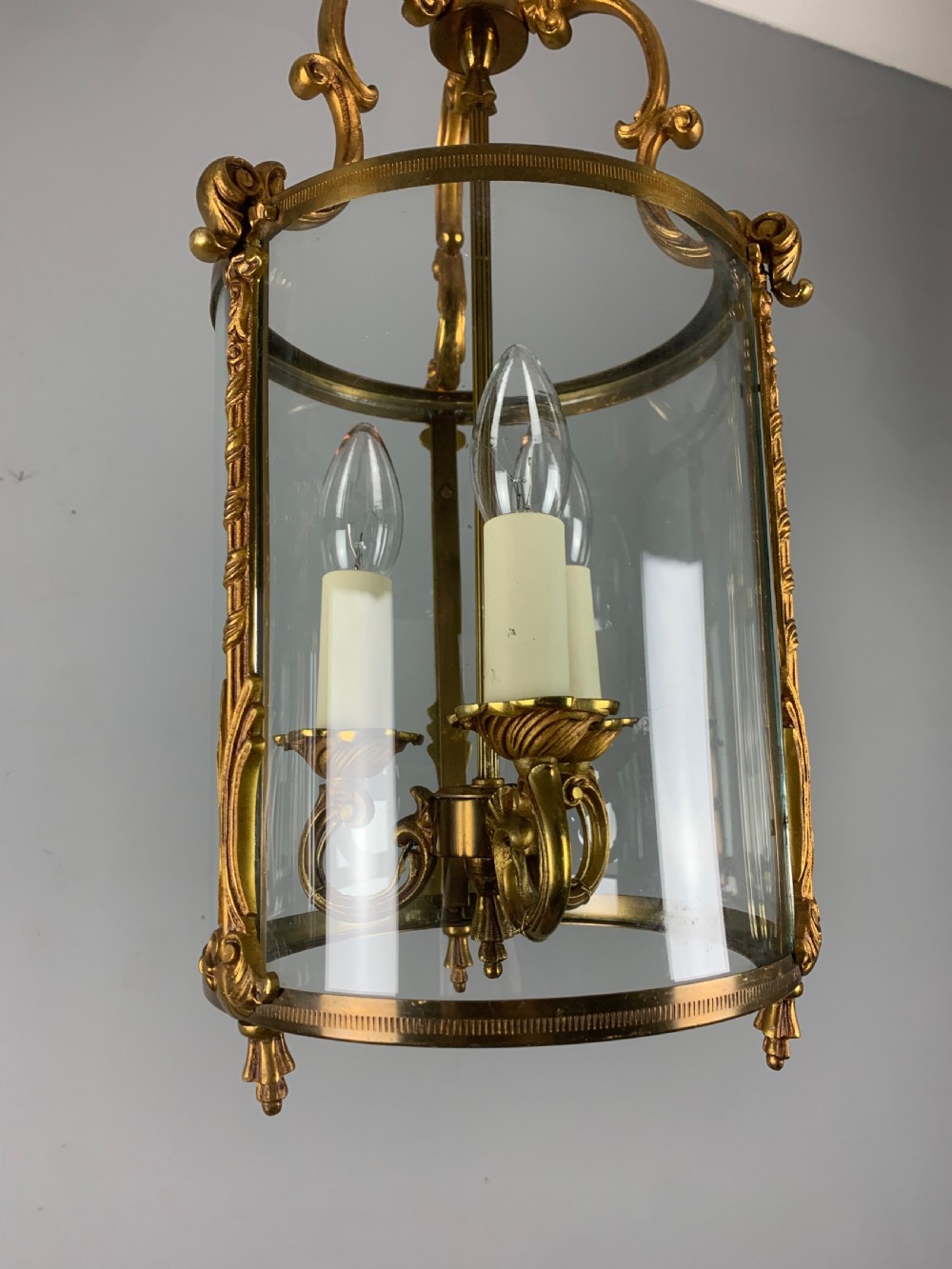 French Gilded Triple Light Convex Antique Hall Lantern View VIII