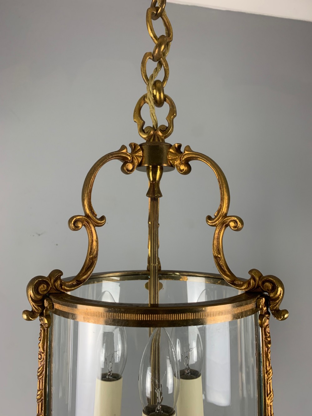 French Gilded Triple Light Convex Antique Hall Lantern View IX