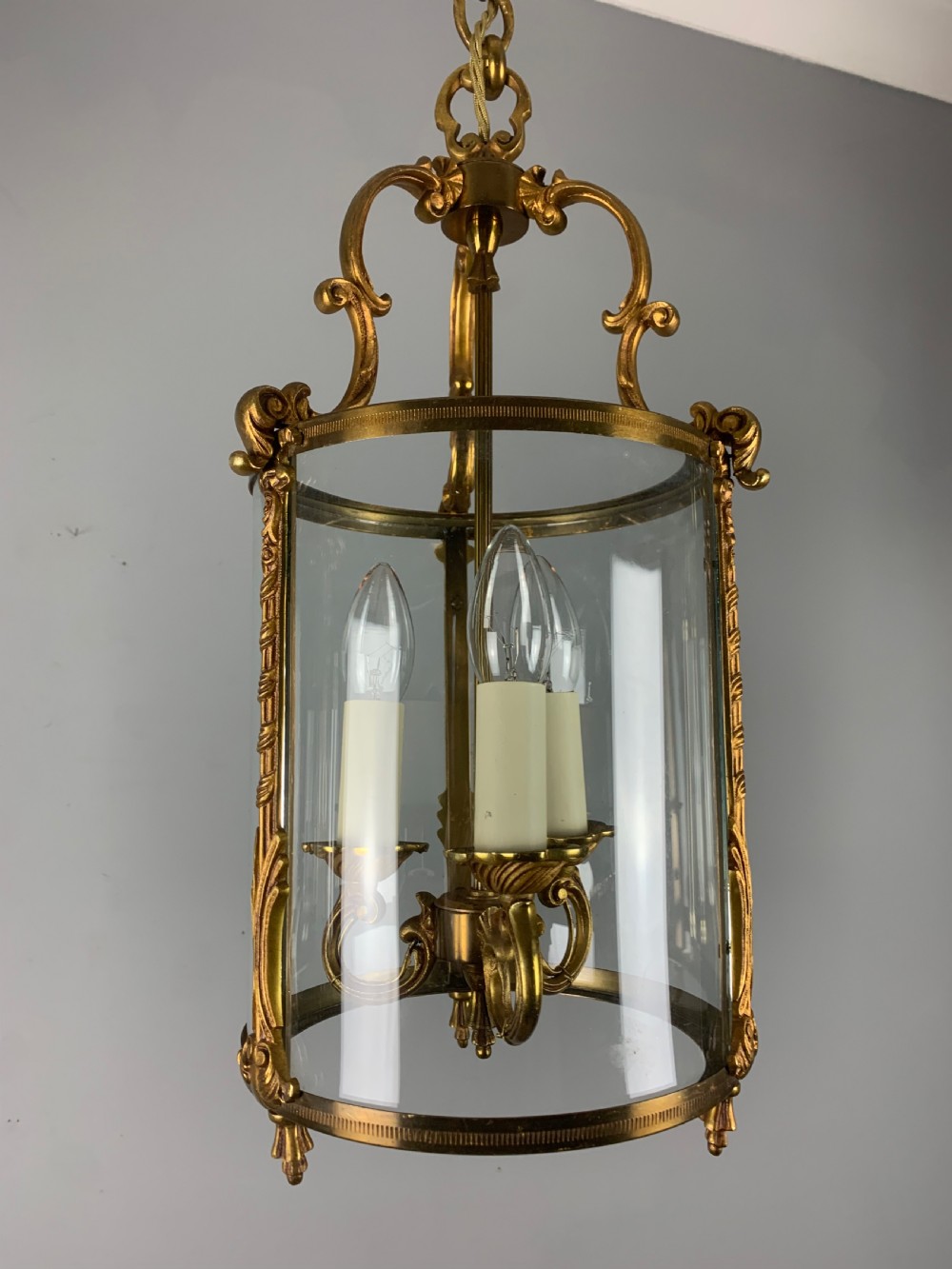 French Gilded Triple Light Convex Antique Hall Lantern View XI