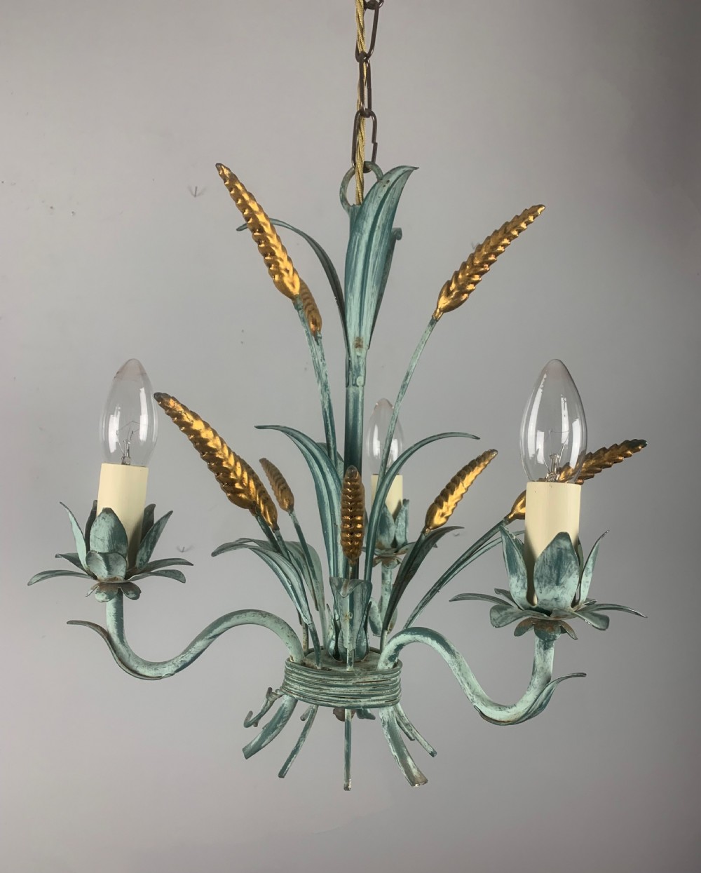 French Wheatsheaf Polychrome Toleware 3 Branch Antique Chandelier, Ceiling Light