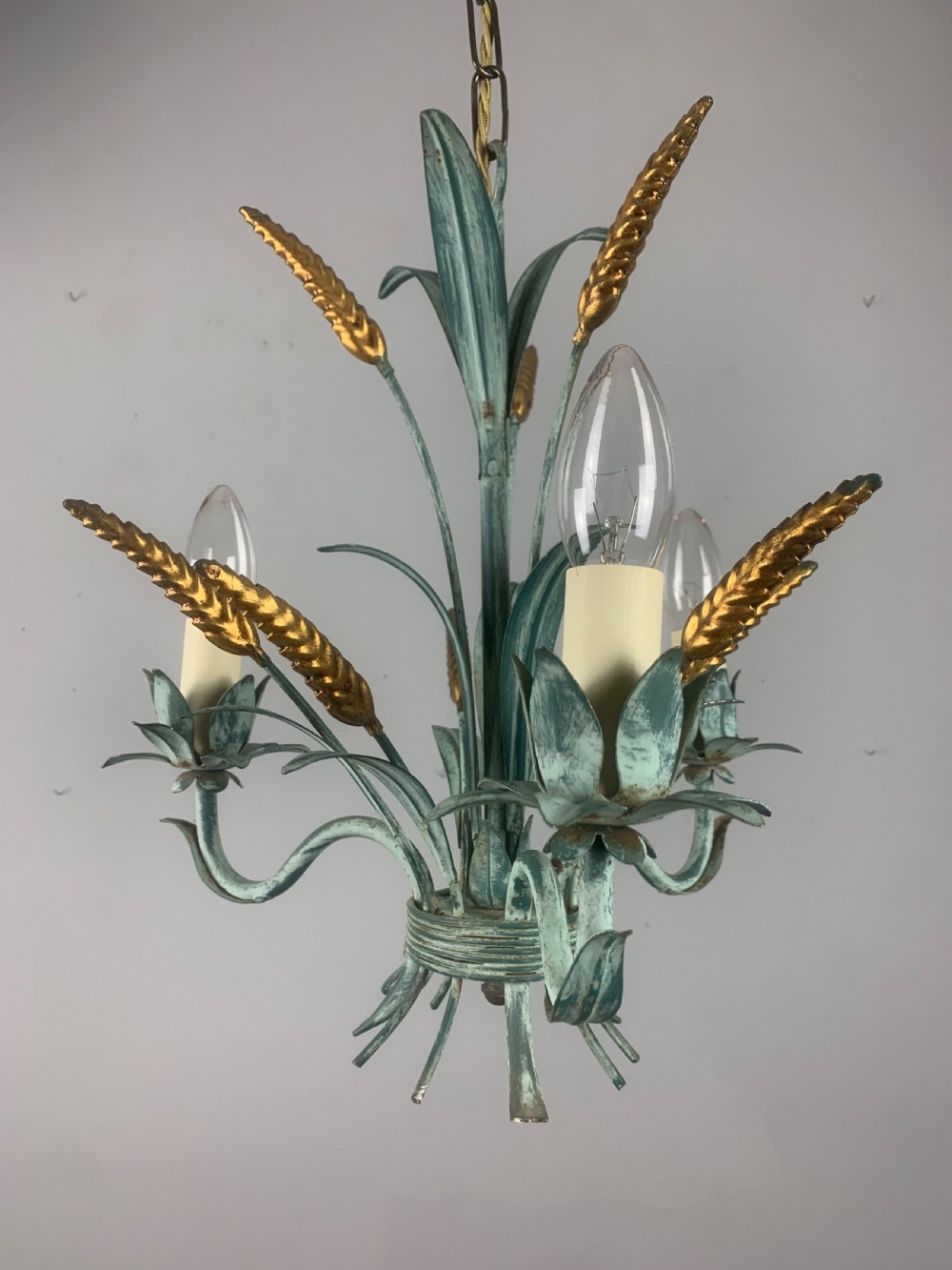 French Wheatsheaf Polychrome Toleware 3 Branch Antique Chandelier, Ceiling Light View II