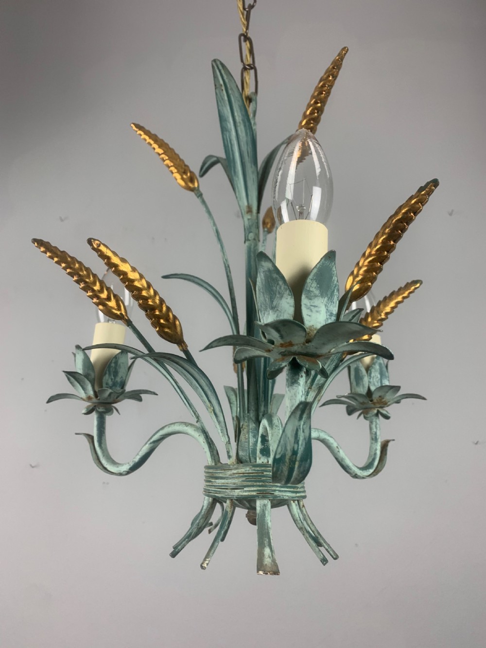 French Wheatsheaf Polychrome Toleware 3 Branch Antique Chandelier, Ceiling Light View III