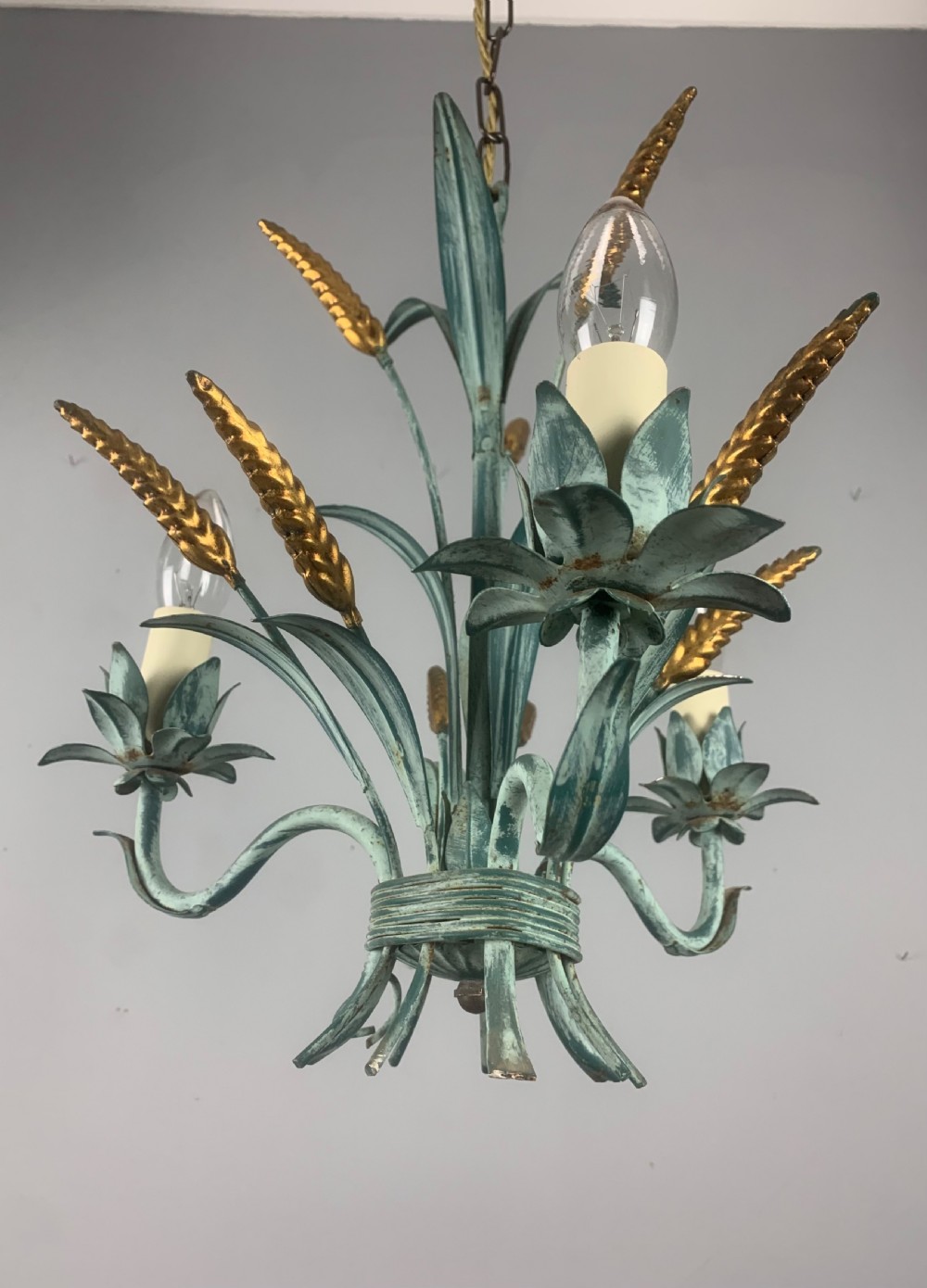 French Wheatsheaf Polychrome Toleware 3 Branch Antique Chandelier, Ceiling Light View V