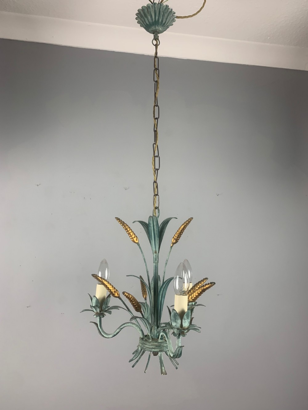 French Wheatsheaf Polychrome Toleware 3 Branch Antique Chandelier, Ceiling Light View VI
