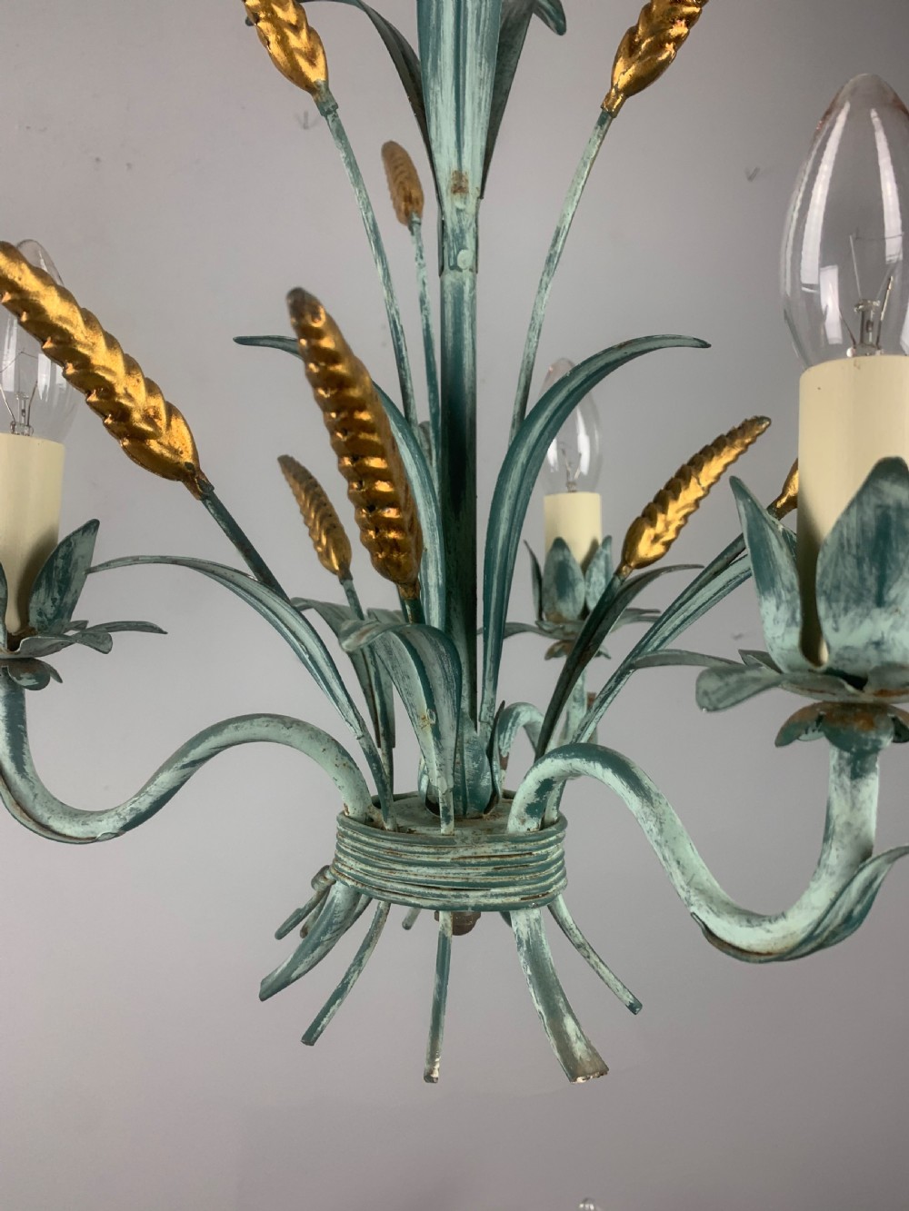 French Wheatsheaf Polychrome Toleware 3 Branch Antique Chandelier, Ceiling Light View IX