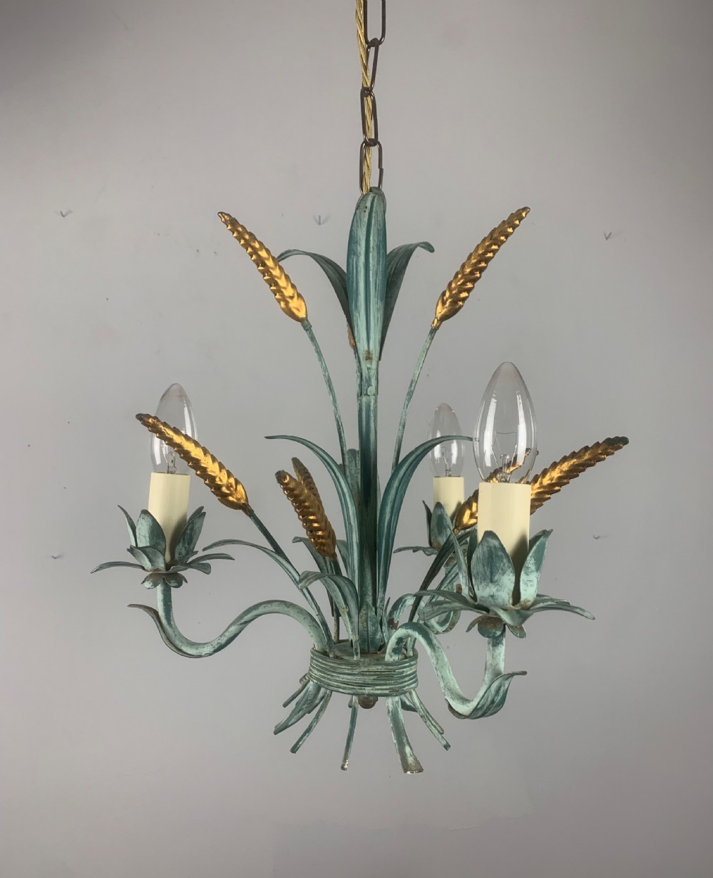 French Wheatsheaf Polychrome Toleware 3 Branch Antique Chandelier, Ceiling Light View X