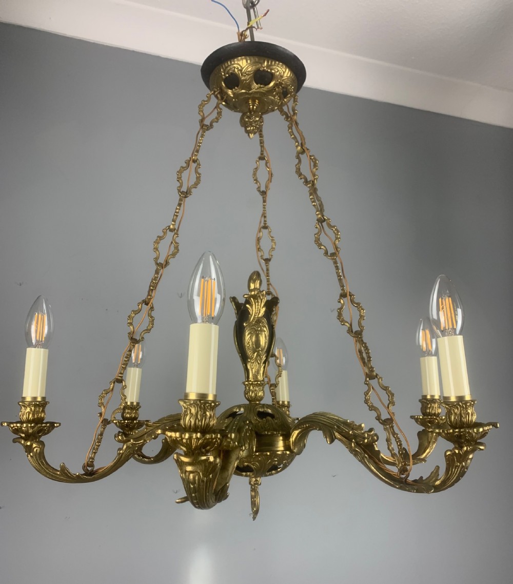 French 6 Light Bronze Antique Chandelier on Chains, Rewired 