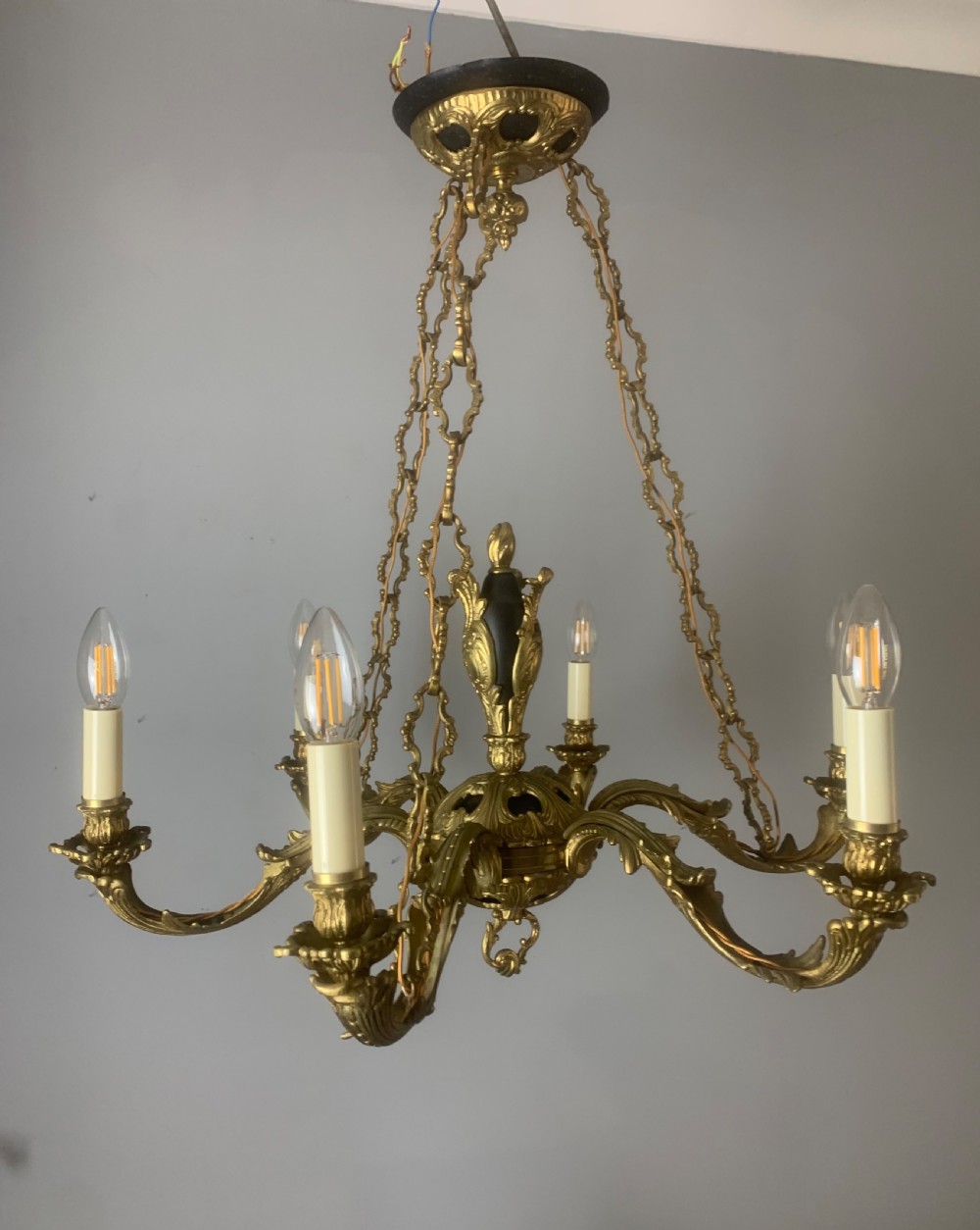 French 6 Light Bronze Antique Chandelier on Chains, Rewired  View II