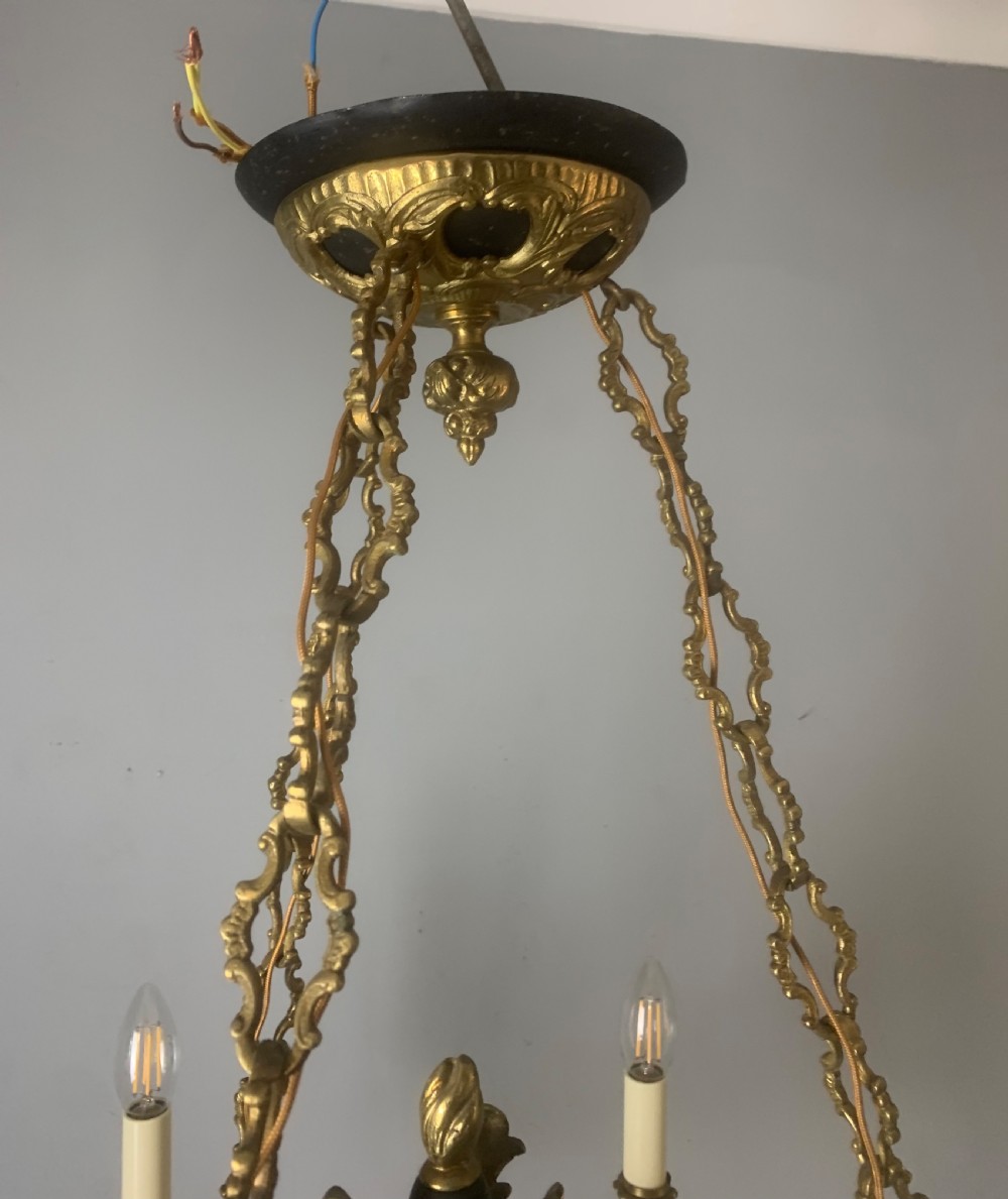French 6 Light Bronze Antique Chandelier on Chains, Rewired  View III