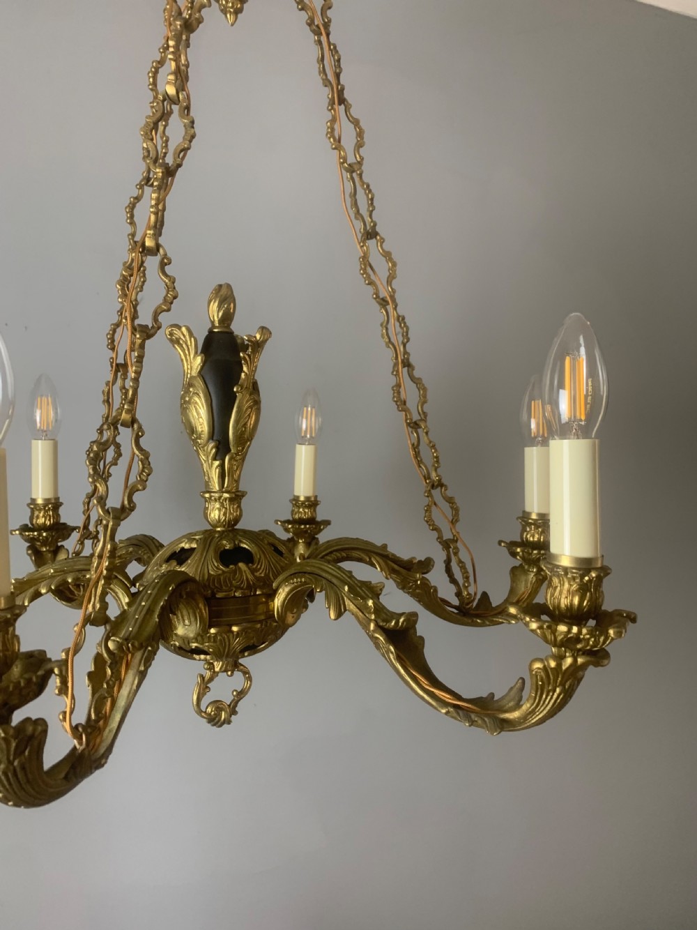 French 6 Light Bronze Antique Chandelier on Chains, Rewired  View IV