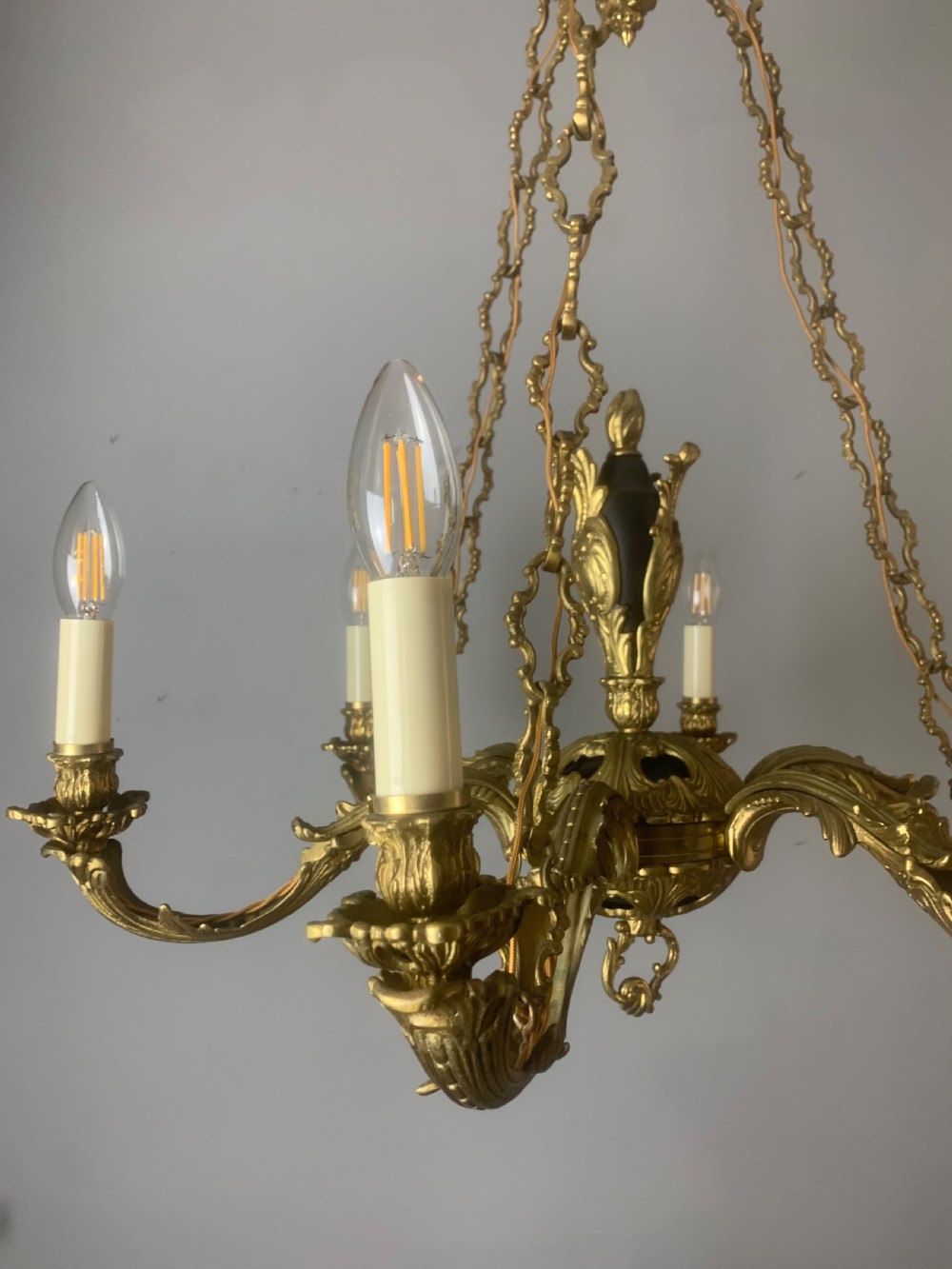 French 6 Light Bronze Antique Chandelier on Chains, Rewired  View V