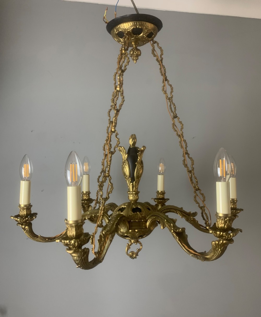 French 6 Light Bronze Antique Chandelier on Chains, Rewired  View VI